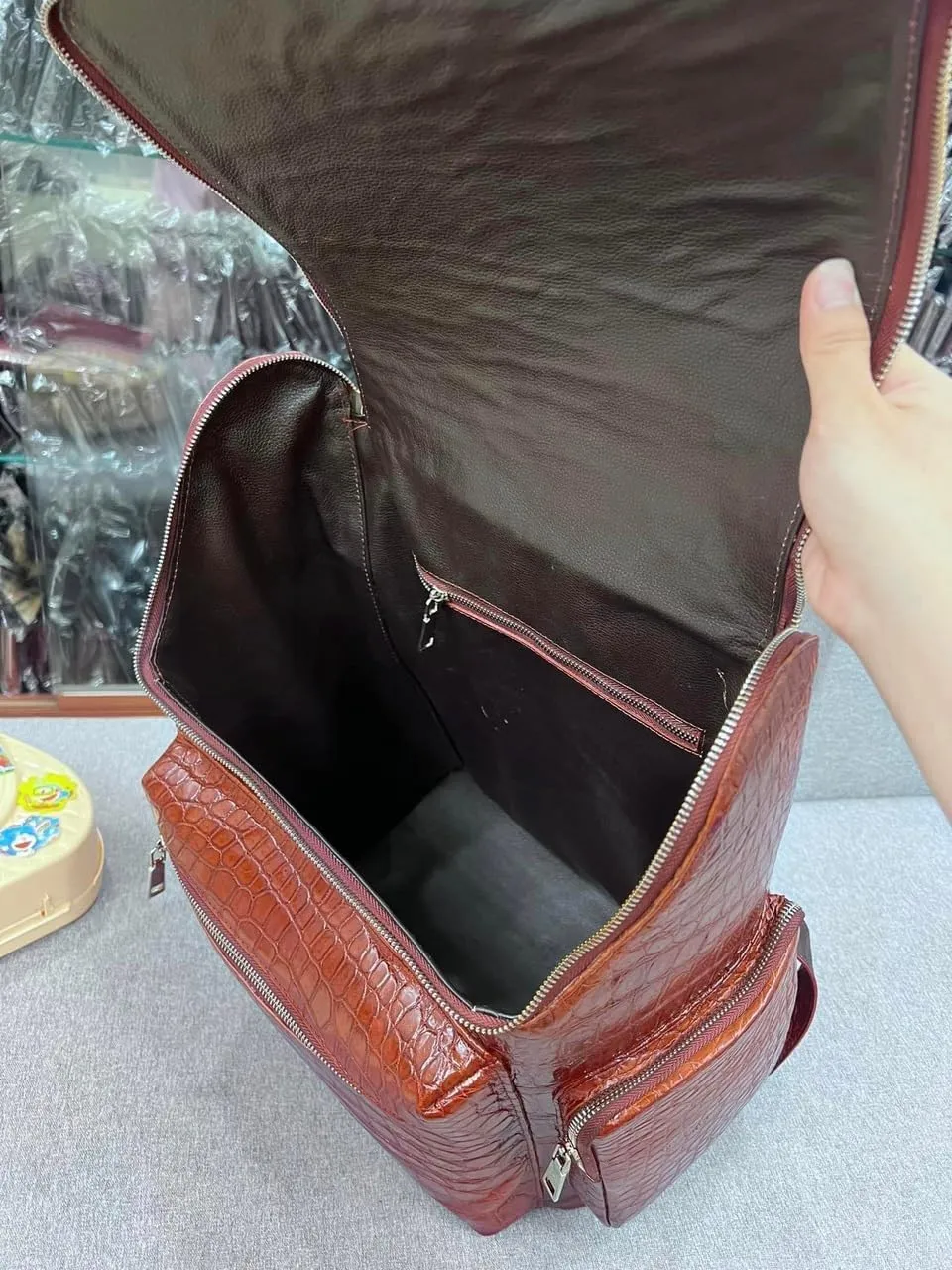 Genuine Alligator Leather Skin Backpack for mens women's Crocodile bag for men (Dark Brown)