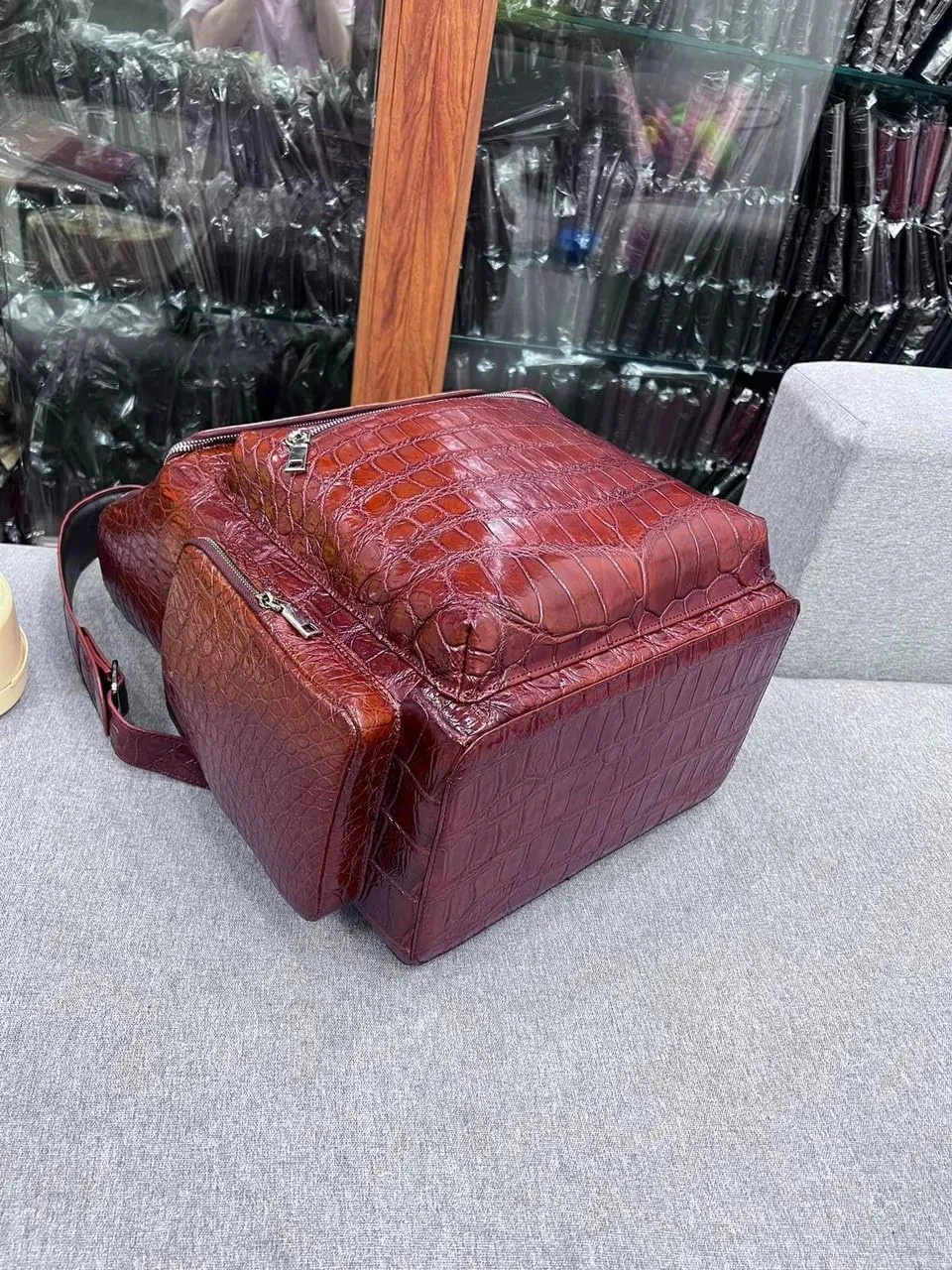 Genuine Alligator Leather Skin Backpack for mens women's Crocodile bag for men (Dark Brown)