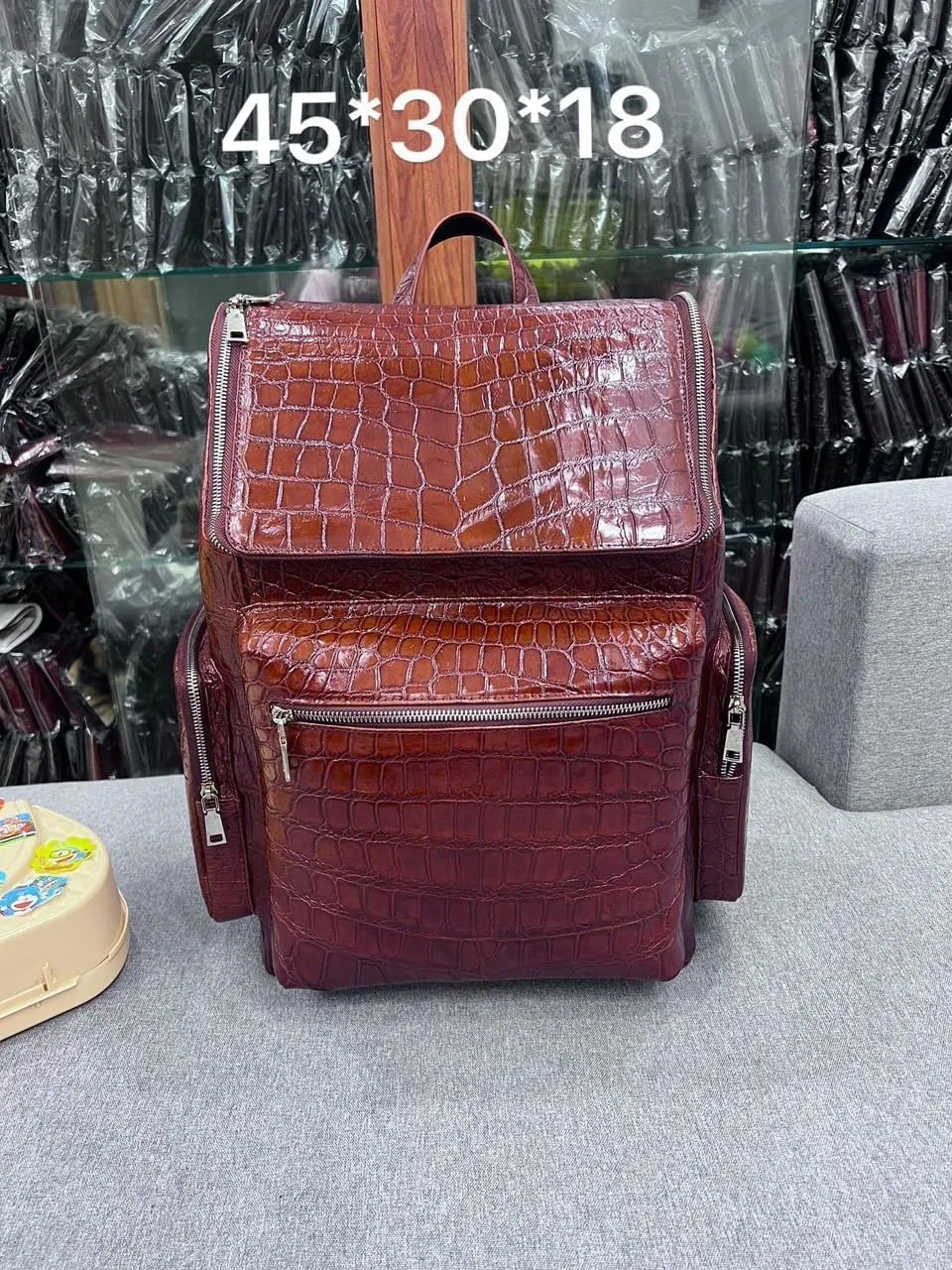 Genuine Alligator Leather Skin Backpack for mens women's Crocodile bag for men (Dark Brown)