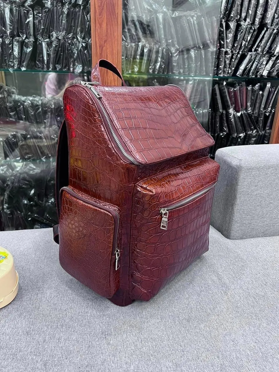 Genuine Alligator Leather Skin Backpack for mens women's Crocodile bag for men (Dark Brown)