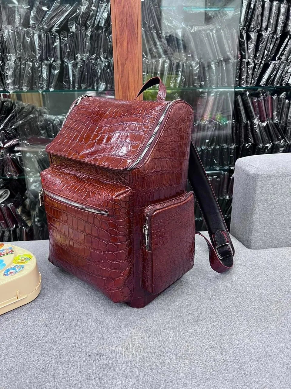 Genuine Alligator Leather Skin Backpack for mens women's Crocodile bag for men (Dark Brown)