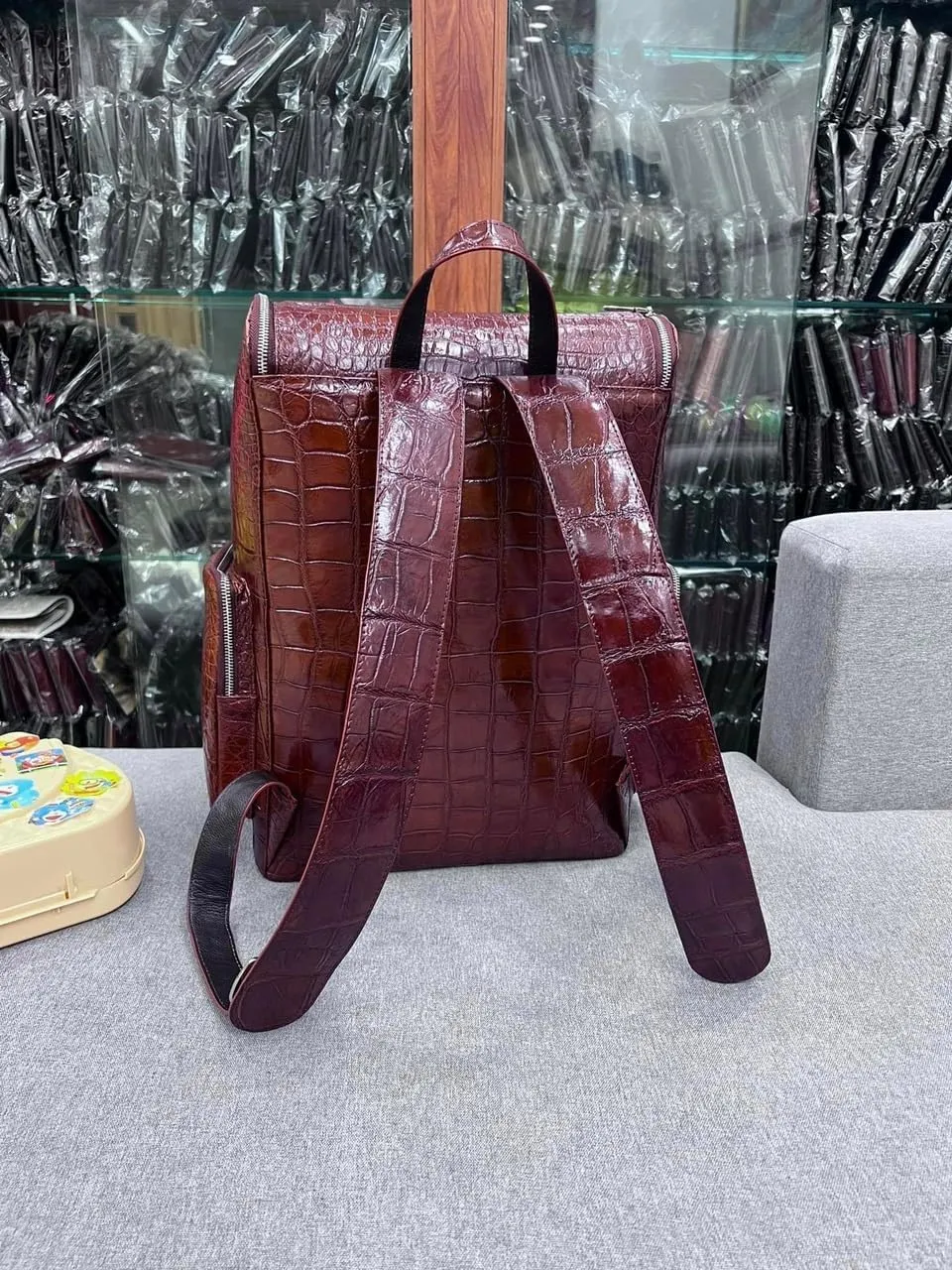 Genuine Alligator Leather Skin Backpack for mens women's Crocodile bag for men (Dark Brown)