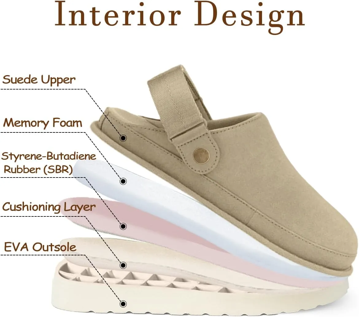 Genuine Suede Adjustable Platform Clogs with Strap Comfy Memory Foam Arch Support Mule Goldenstar Clogs Women Indoor Outdoor