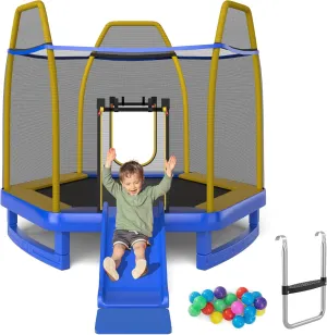 Giantex 7 FT Kids Trampoline with Ladder, Slide, Ocean Balls, ASTM Approved Recreational Trampoline with Net, Spring Cover