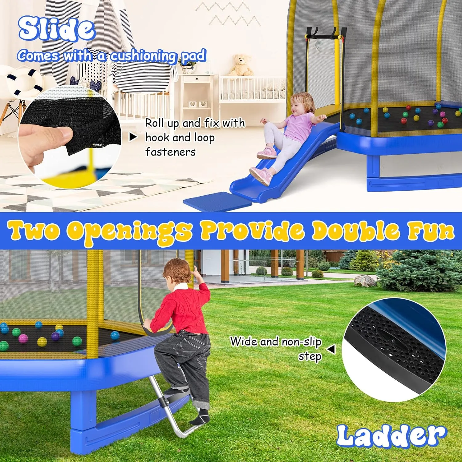 Giantex 7 FT Kids Trampoline with Ladder, Slide, Ocean Balls, ASTM Approved Recreational Trampoline with Net, Spring Cover
