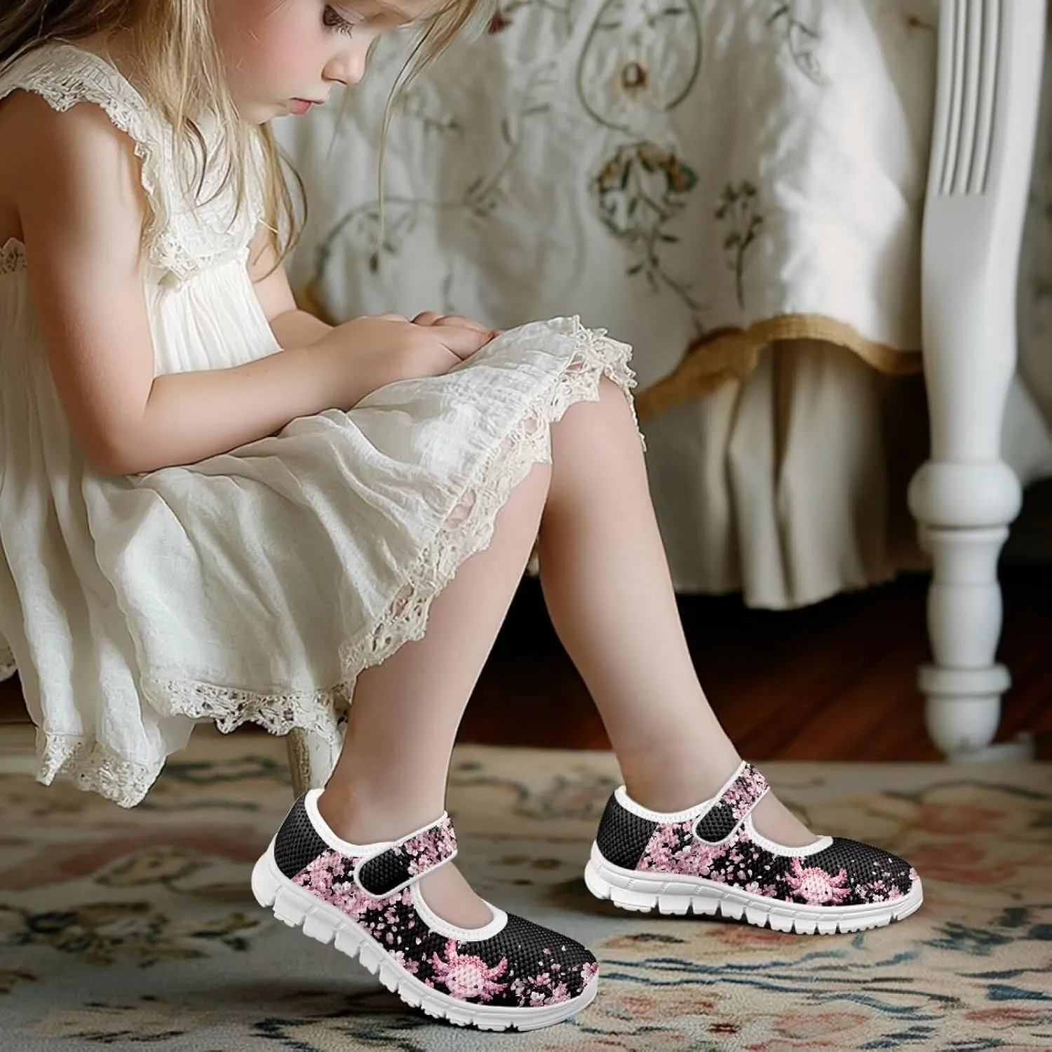Girls Single Buckle Sneaker,Mary Jane Flats Shoes for Kids,Lightweight Walking Sneaker with White Sole Size 11-15