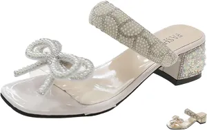 Gladtbser Women's Bow Pearl Low Chunky Heel Mule Sandals,Fashion Pearl Strap Design Slip-on Open Toe Block Heel Slides Sandals Wedding Party Dress Sandals