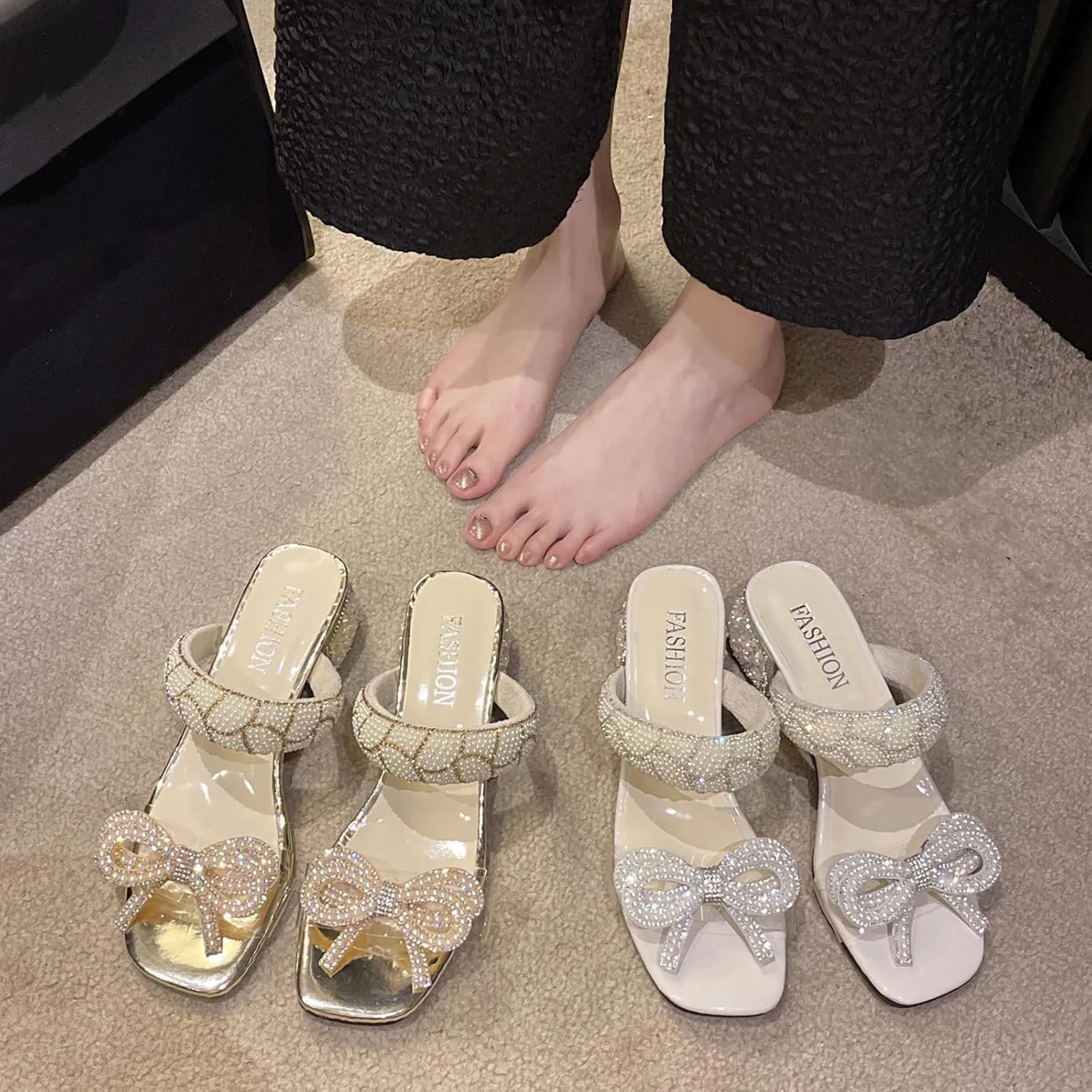 Gladtbser Women's Bow Pearl Low Chunky Heel Mule Sandals,Fashion Pearl Strap Design Slip-on Open Toe Block Heel Slides Sandals Wedding Party Dress Sandals
