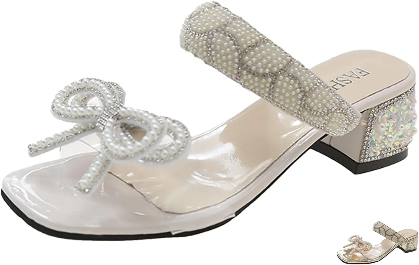 Gladtbser Women's Bow Pearl Low Chunky Heel Mule Sandals,Fashion Pearl Strap Design Slip-on Open Toe Block Heel Slides Sandals Wedding Party Dress Sandals