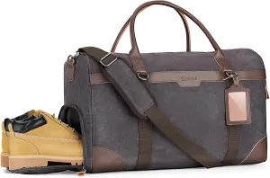 Gonex Waxed Canvas Duffle Bag for Travel, Water-resistant Vintage 55L Duffel Weekender with Shoes Compartment & Luggage Tag, Heavy-duty Overnight Bag with Suitcase Handle Sleeve for Men, Dark Grey