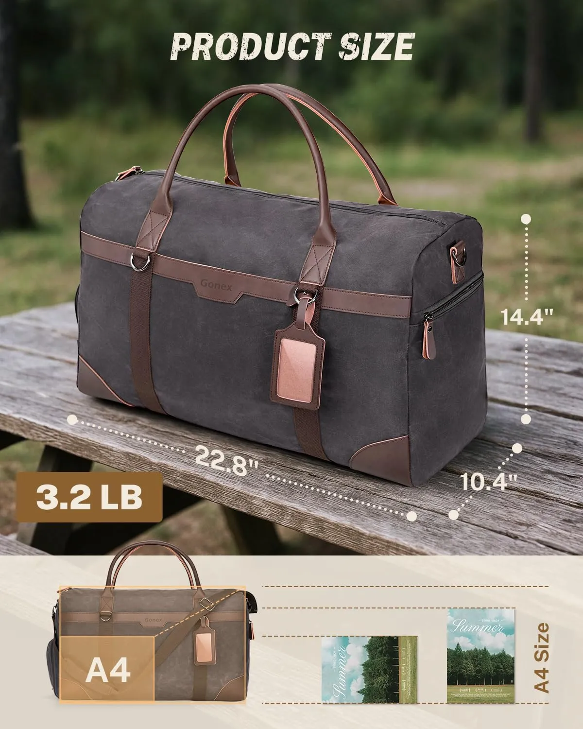 Gonex Waxed Canvas Duffle Bag for Travel, Water-resistant Vintage 55L Duffel Weekender with Shoes Compartment & Luggage Tag, Heavy-duty Overnight Bag with Suitcase Handle Sleeve for Men, Dark Grey