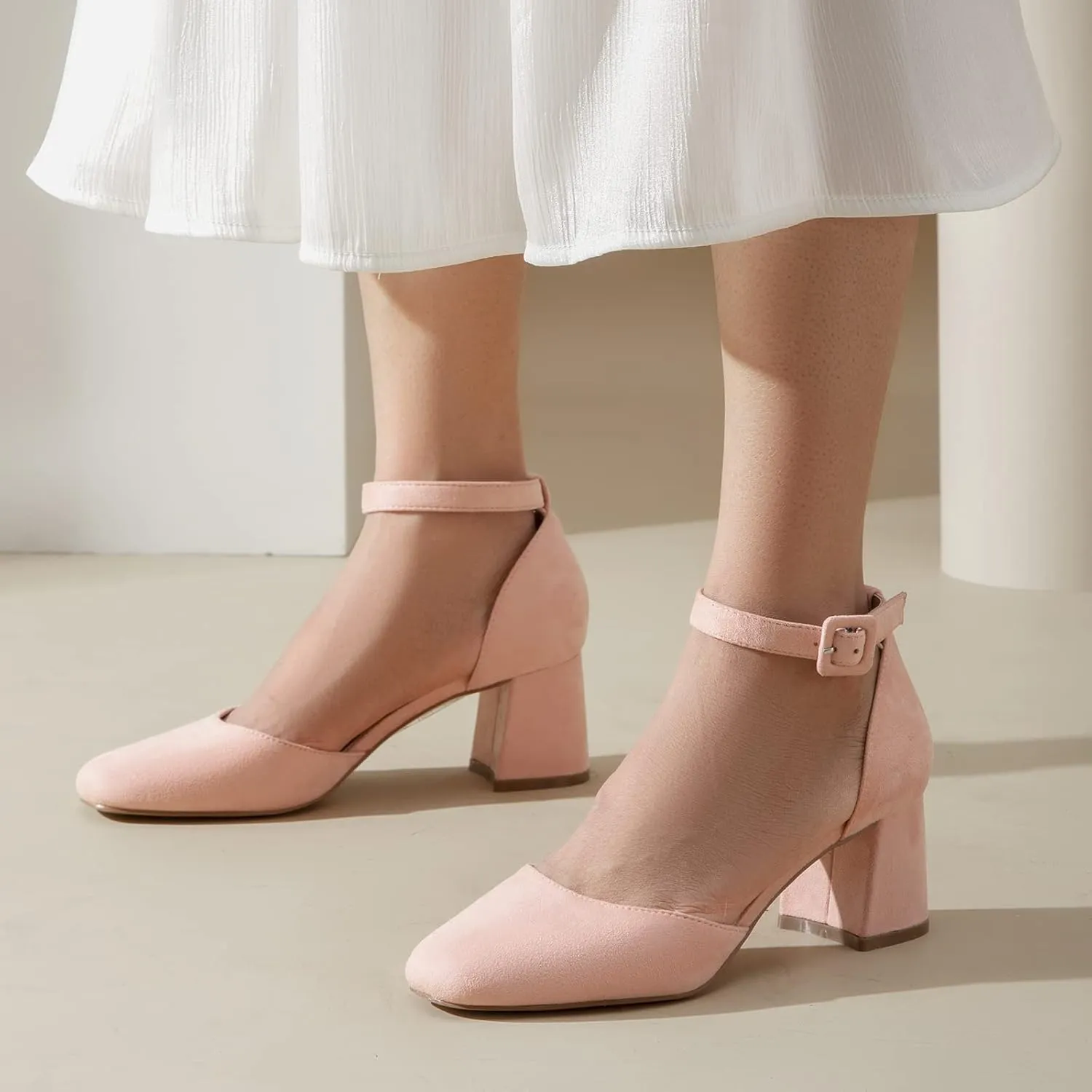 Greatonu Women's Closed Toe Ankle Strap 2.5 inch Low Block Heels Dress Wedding Party Pumps Shoes