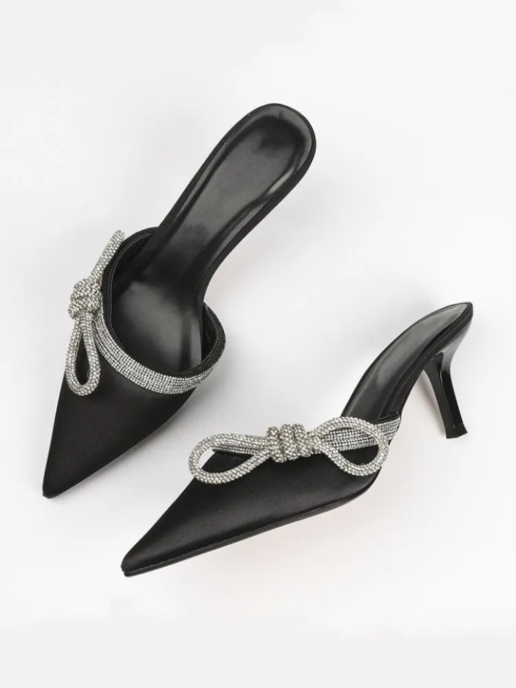 Grey Pink Satin Rhinestone Bow Pointy Backless Pumps High Heeled Slip-On Mules
