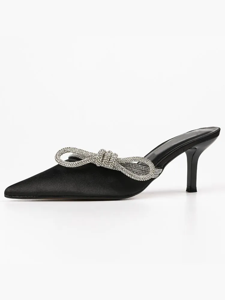 Grey Pink Satin Rhinestone Bow Pointy Backless Pumps High Heeled Slip-On Mules
