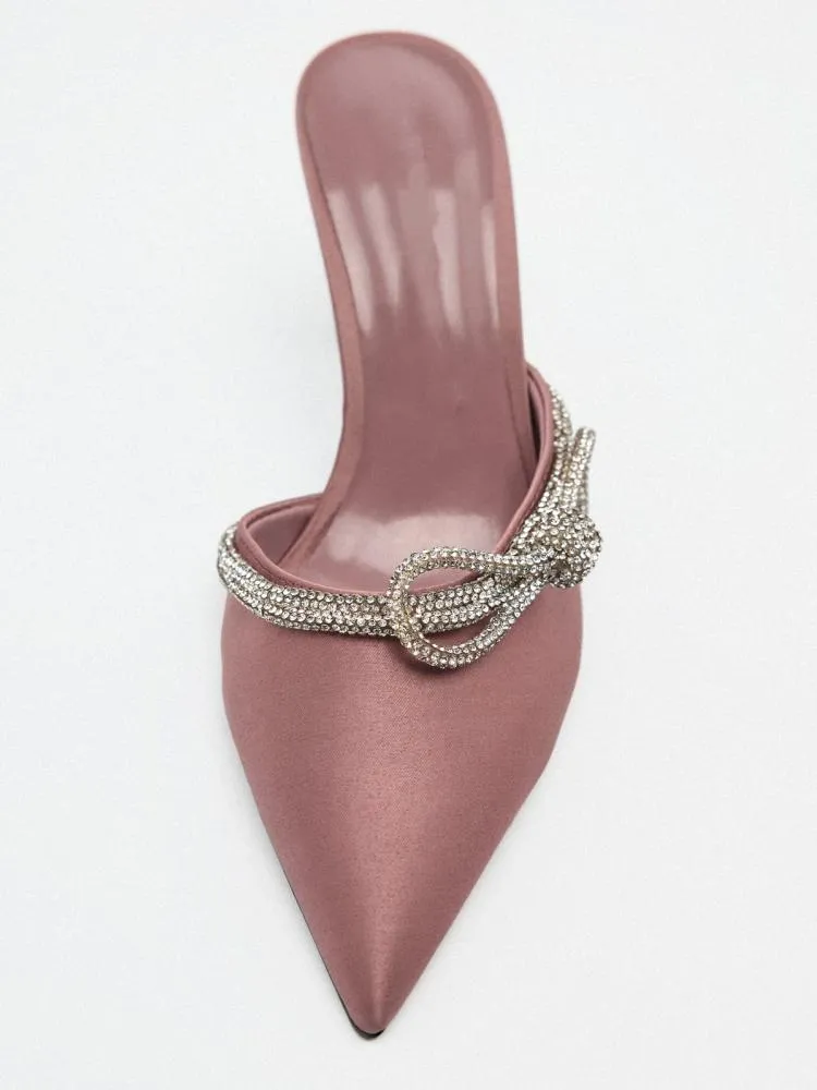 Grey Pink Satin Rhinestone Bow Pointy Backless Pumps High Heeled Slip-On Mules