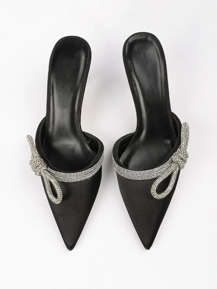 Grey Pink Satin Rhinestone Bow Pointy Backless Pumps High Heeled Slip-On Mules