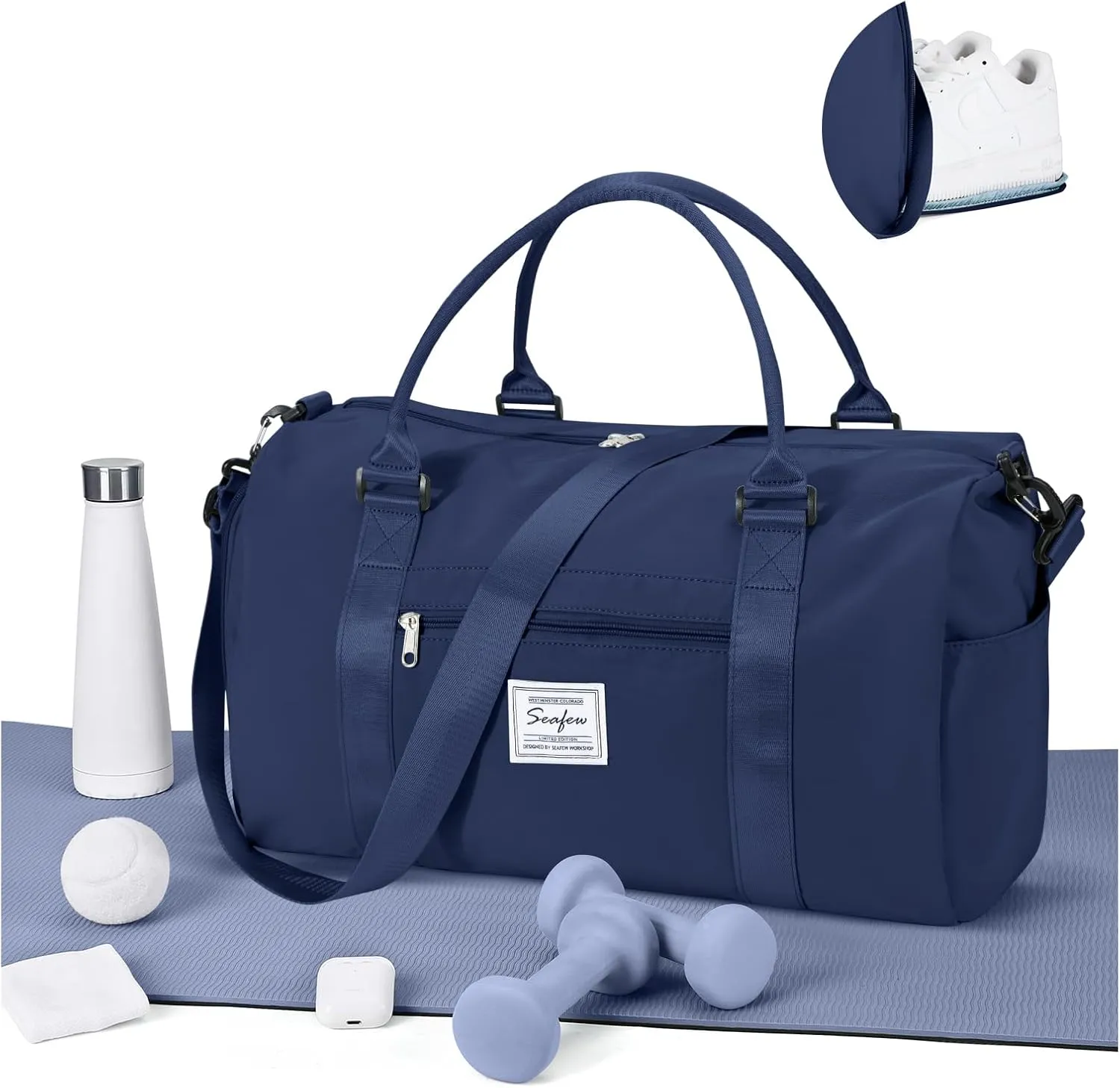 Gym Bag for Women Men with Shoes Compartment,Sports Duffle Bag Personal item travel Duffel Bags Tote Bag Small Carry on Weekender Overnight Bag Workout Dance Bag Hospital Holdalls Dark Blue