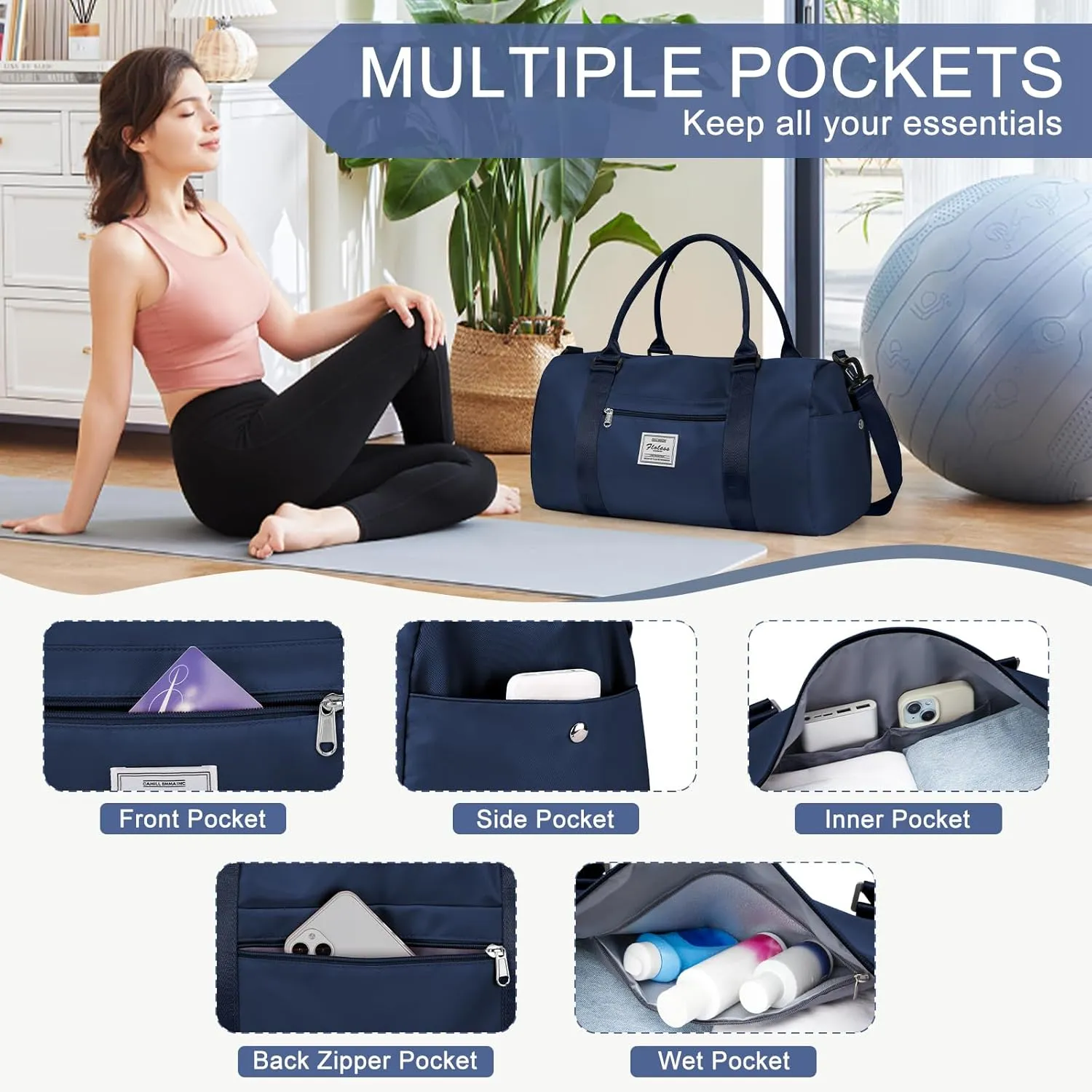 Gym Bag for Women Men with Shoes Compartment,Sports Duffle Bag Personal item travel Duffel Bags Tote Bag Small Carry on Weekender Overnight Bag Workout Dance Bag Hospital Holdalls Dark Blue