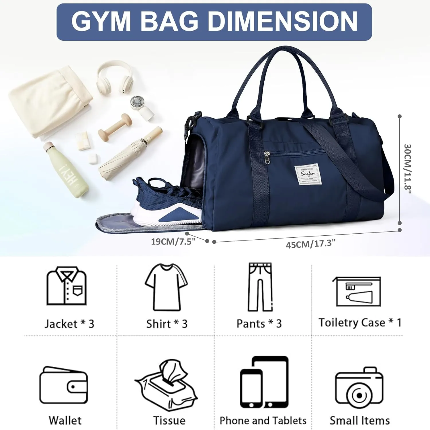 Gym Bag for Women Men with Shoes Compartment,Sports Duffle Bag Personal item travel Duffel Bags Tote Bag Small Carry on Weekender Overnight Bag Workout Dance Bag Hospital Holdalls Dark Blue