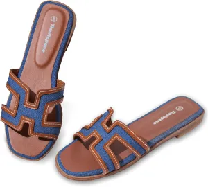 H Flat Sandals for Women Dressy Lightweight Comfortable Slide Sandal Fashion 2025 Summer Trendy Casual Slip-On Shoes