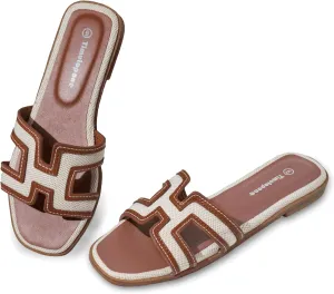 H Flat Sandals for Women Dressy Lightweight Comfortable Slide Sandal Fashion 2025 Summer Trendy Casual Slip-On Shoes