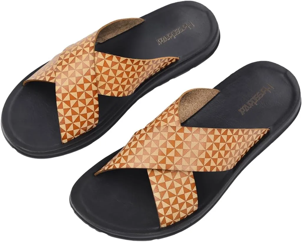 Harssidanzar Slide Sandals For Men,Summer Vintage Printing Sandals Slip on Quick-Dry Cross Slide Sandals KM238US