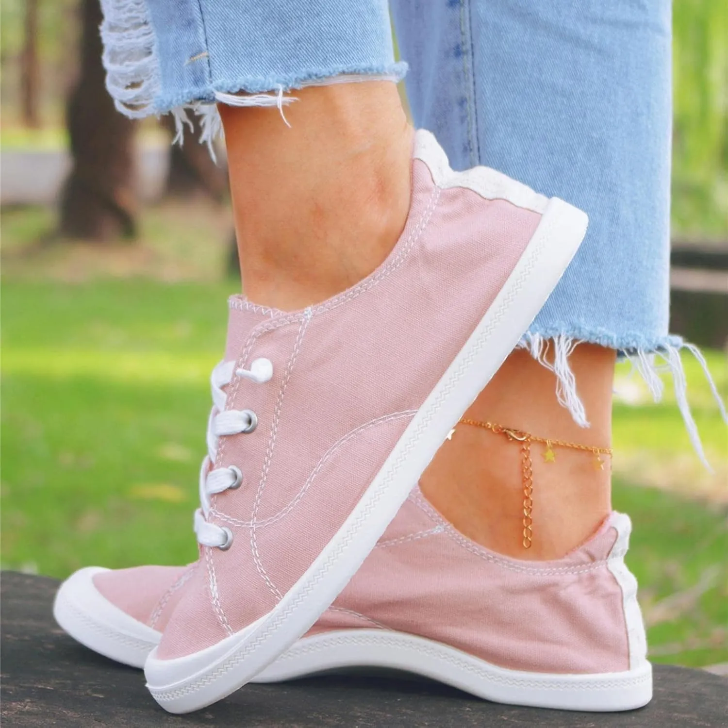 Hbeylia Canvas Shoes For Women Fashion Casual Plaid Lace Up Low Top Play Sneakers Lightweight Low Heels Slip On Flats Loafers Walking Shoes For Girls Running Outdoor Sports Driving