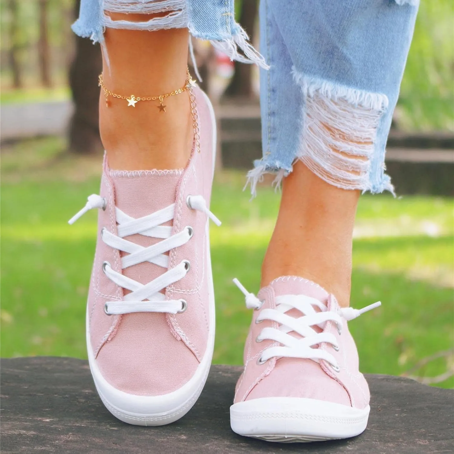 Hbeylia Canvas Shoes For Women Fashion Casual Plaid Lace Up Low Top Play Sneakers Lightweight Low Heels Slip On Flats Loafers Walking Shoes For Girls Running Outdoor Sports Driving