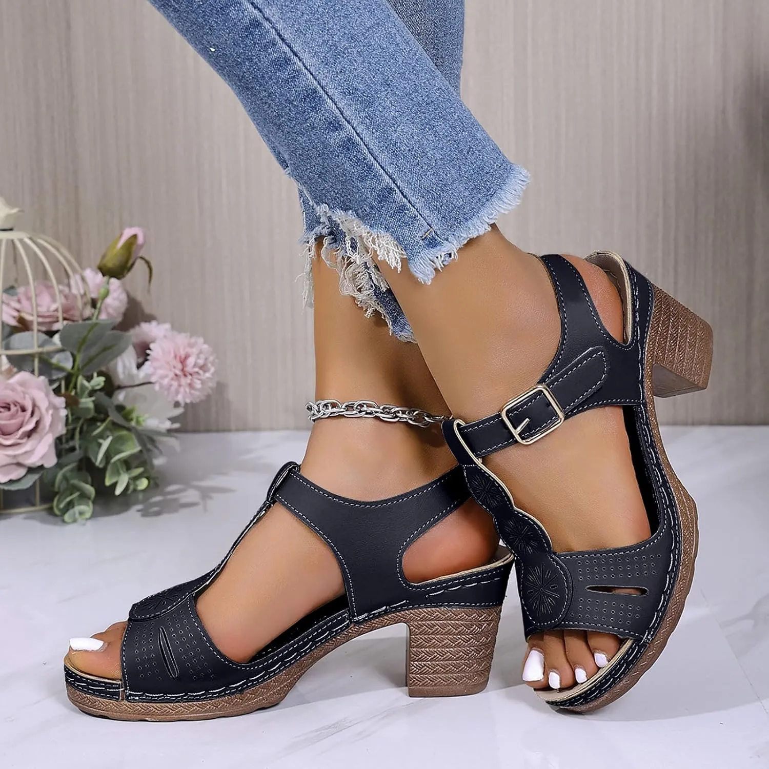 Hbeylia Women's Platform Block Heel Sandals Open Toe T-Strap Hollow Out Dressy Chunky High Heels Ankle Strap Sandals Ladies Fashion Leather Cut-Out Comfortable Buckle Dress Summer Heeled Shoes