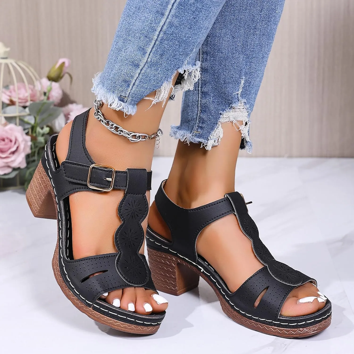 Hbeylia Women's Platform Block Heel Sandals Open Toe T-Strap Hollow Out Dressy Chunky High Heels Ankle Strap Sandals Ladies Fashion Leather Cut-Out Comfortable Buckle Dress Summer Heeled Shoes