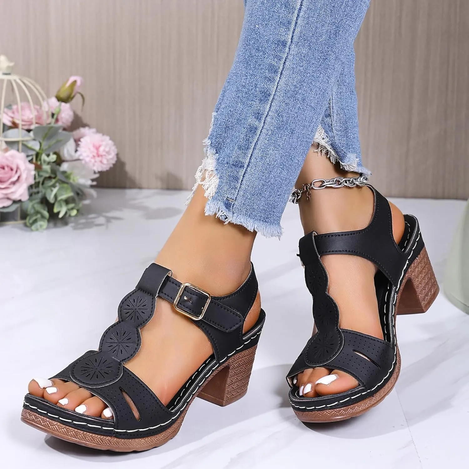 Hbeylia Women's Platform Block Heel Sandals Open Toe T-Strap Hollow Out Dressy Chunky High Heels Ankle Strap Sandals Ladies Fashion Leather Cut-Out Comfortable Buckle Dress Summer Heeled Shoes