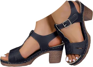 Hbeylia Women's Platform Block Heel Sandals Open Toe T-Strap Hollow Out Dressy Chunky High Heels Ankle Strap Sandals Ladies Fashion Leather Cut-Out Comfortable Buckle Dress Summer Heeled Shoes