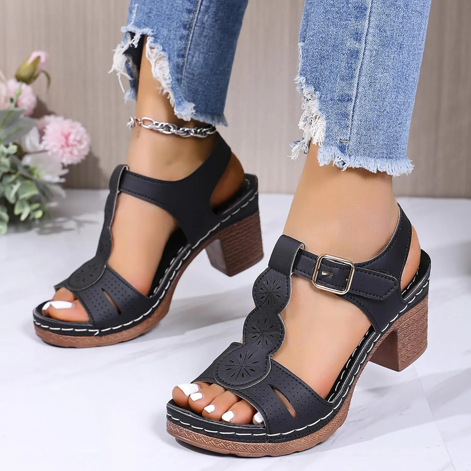 Hbeylia Women's Platform Block Heel Sandals Open Toe T-Strap Hollow Out Dressy Chunky High Heels Ankle Strap Sandals Ladies Fashion Leather Cut-Out Comfortable Buckle Dress Summer Heeled Shoes