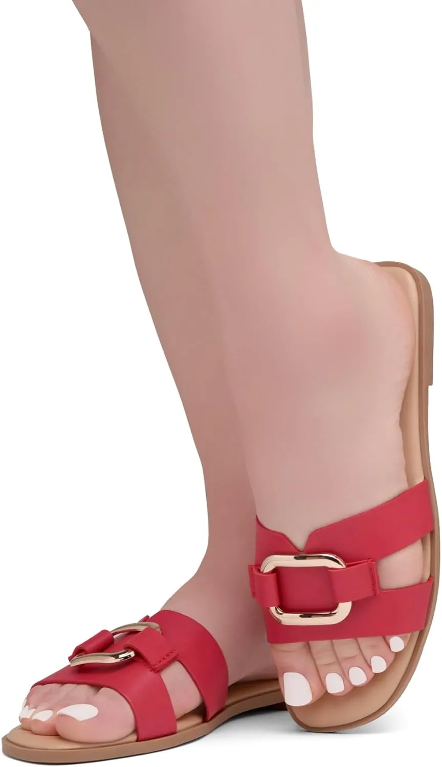 Herstyle Women's Flat Sandals 2025 – Trendy Square Open Toe Slides with Metal Chain, Memory Foam Cushioned Footbed, Slip-On Fashion Slippers for Summer
