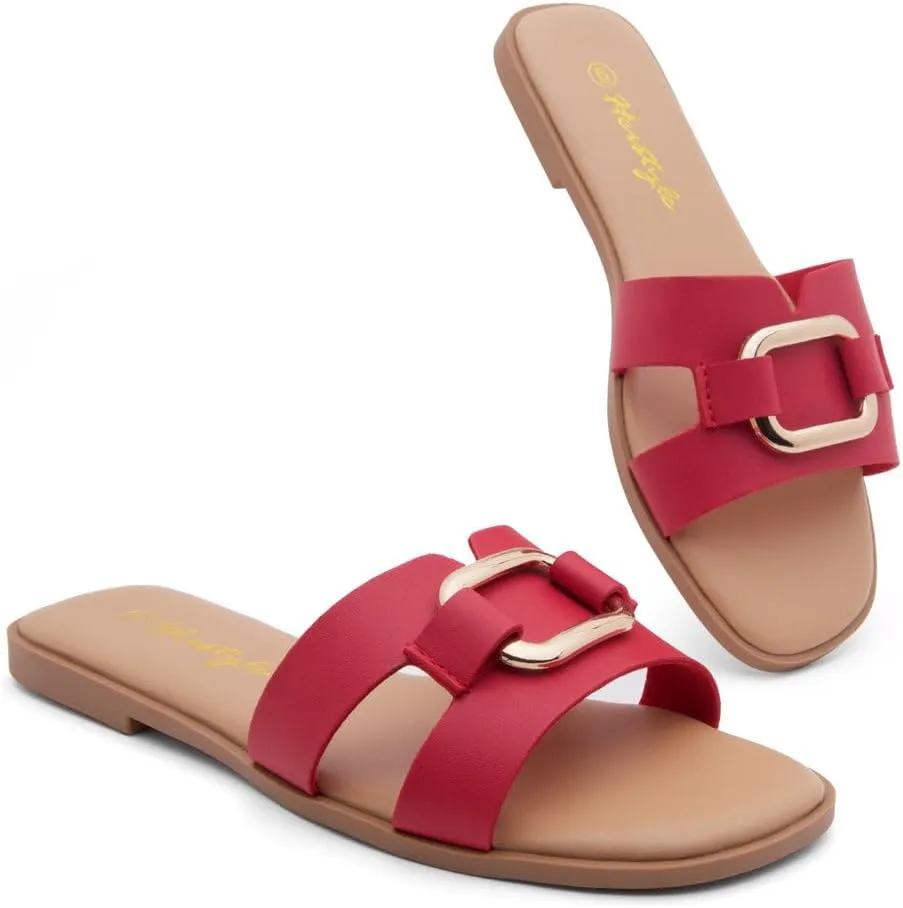 Herstyle Women's Flat Sandals 2025 – Trendy Square Open Toe Slides with Metal Chain, Memory Foam Cushioned Footbed, Slip-On Fashion Slippers for Summer