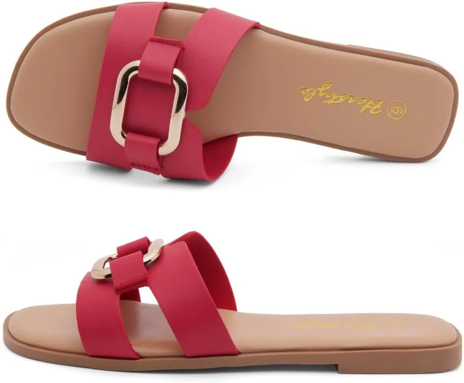 Herstyle Women's Flat Sandals 2025 – Trendy Square Open Toe Slides with Metal Chain, Memory Foam Cushioned Footbed, Slip-On Fashion Slippers for Summer