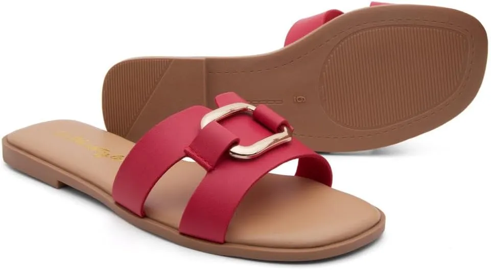 Herstyle Women's Flat Sandals 2025 – Trendy Square Open Toe Slides with Metal Chain, Memory Foam Cushioned Footbed, Slip-On Fashion Slippers for Summer