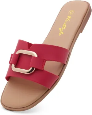 Herstyle Women's Flat Sandals 2025 – Trendy Square Open Toe Slides with Metal Chain, Memory Foam Cushioned Footbed, Slip-On Fashion Slippers for Summer