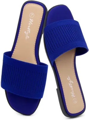 Herstyle Women’s Knit Flat Sandals 2025 – Dressy Casual Slip-On Fashion Sandals with Memory Foam, Square Open Toe Single Band Slides for Summer, Travel & Daily Comfort