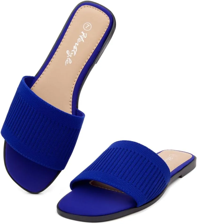 Herstyle Women’s Knit Flat Sandals 2025 – Dressy Casual Slip-On Fashion Sandals with Memory Foam, Square Open Toe Single Band Slides for Summer, Travel & Daily Comfort