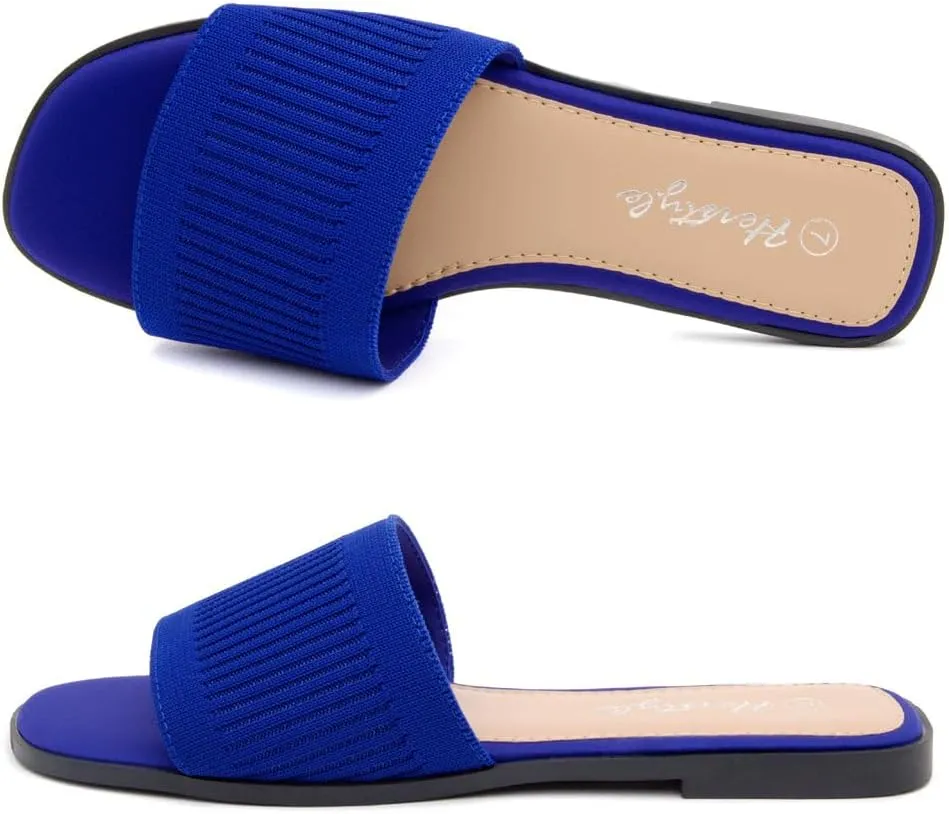 Herstyle Women’s Knit Flat Sandals 2025 – Dressy Casual Slip-On Fashion Sandals with Memory Foam, Square Open Toe Single Band Slides for Summer, Travel & Daily Comfort
