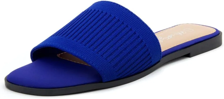 Herstyle Women’s Knit Flat Sandals 2025 – Dressy Casual Slip-On Fashion Sandals with Memory Foam, Square Open Toe Single Band Slides for Summer, Travel & Daily Comfort