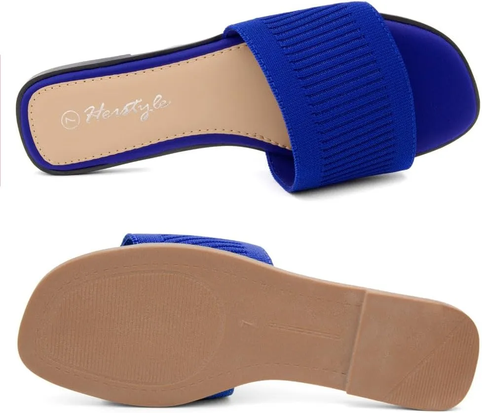Herstyle Women’s Knit Flat Sandals 2025 – Dressy Casual Slip-On Fashion Sandals with Memory Foam, Square Open Toe Single Band Slides for Summer, Travel & Daily Comfort