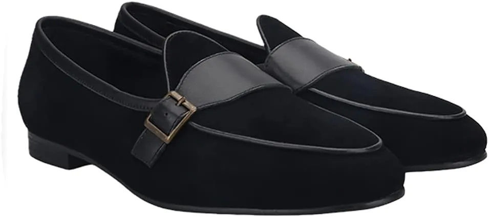HI&HANN 2021 Black Suede Leather Men's Loafers with Bronze Metal Buckle British Classic Slip on Men Smoking Slippers Plus Size