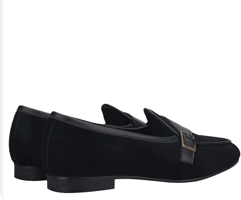HI&HANN 2021 Black Suede Leather Men's Loafers with Bronze Metal Buckle British Classic Slip on Men Smoking Slippers Plus Size