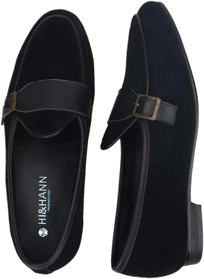 HI&HANN 2021 Black Suede Leather Men's Loafers with Bronze Metal Buckle British Classic Slip on Men Smoking Slippers Plus Size