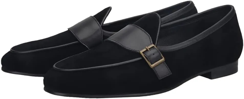 HI&HANN 2021 Black Suede Leather Men's Loafers with Bronze Metal Buckle British Classic Slip on Men Smoking Slippers Plus Size