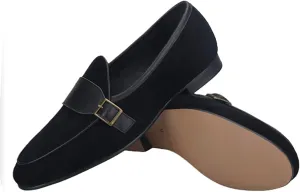 HI&HANN 2021 Black Suede Leather Men's Loafers with Bronze Metal Buckle British Classic Slip on Men Smoking Slippers Plus Size