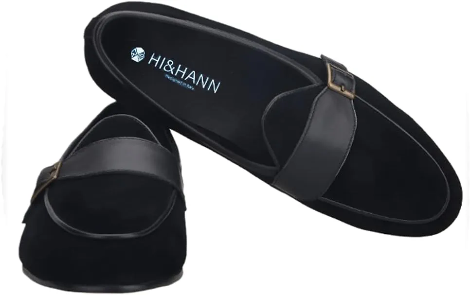 HI&HANN 2021 Black Suede Leather Men's Loafers with Bronze Metal Buckle British Classic Slip on Men Smoking Slippers Plus Size