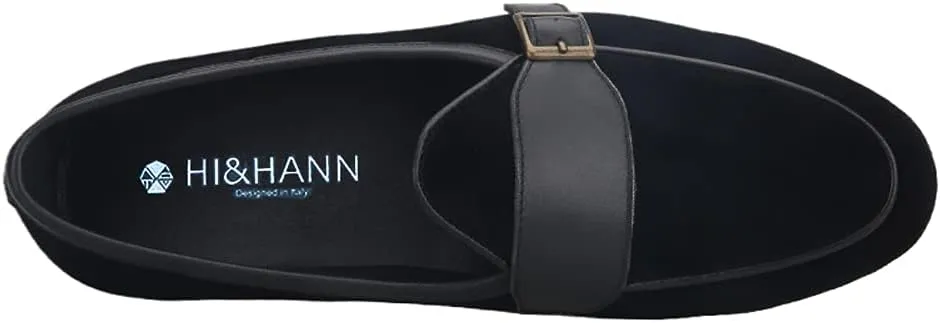 HI&HANN 2021 Black Suede Leather Men's Loafers with Bronze Metal Buckle British Classic Slip on Men Smoking Slippers Plus Size